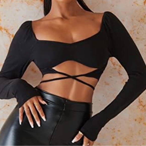 SHEIN Tops - NWT Black Long Sleeve String Crop Top Goth Stretch Size XS